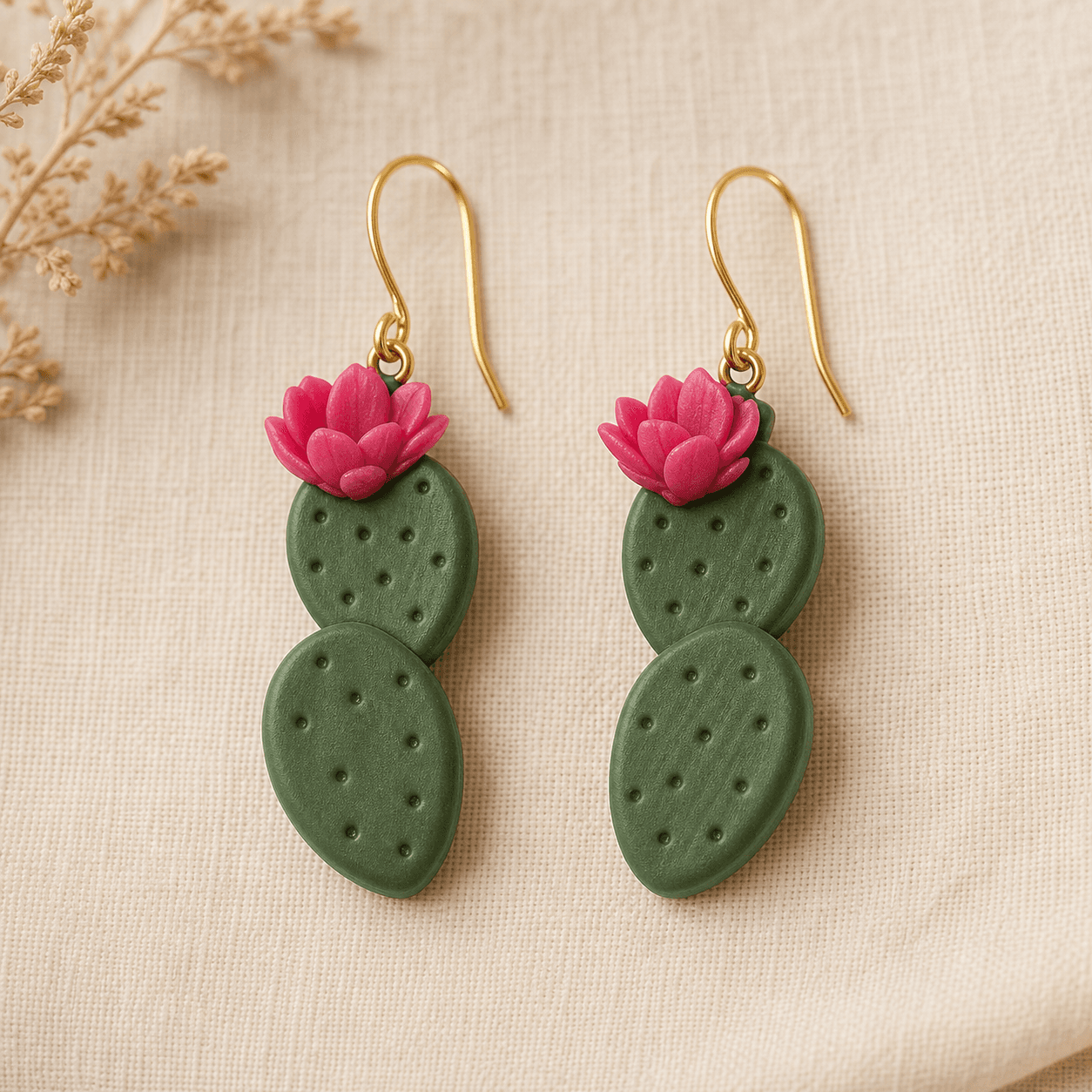 Prickly Pear Cactus Earrings — two stacked green 3D-printed prickly pear paddles with dimpled texture, topped with a sculpted hot-pink bloom